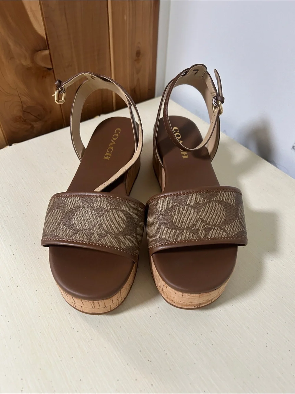 Coach Brown Signature Canvas Cork Platform Sandals with Ankle Strap NWOT
